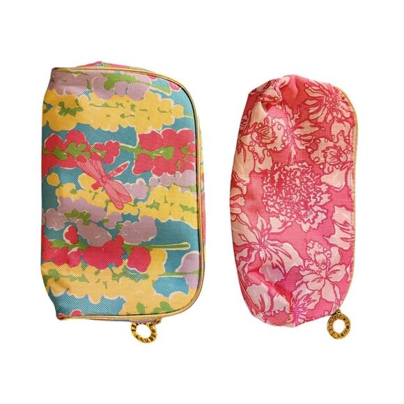 Two Lilly Pulitzer for Estee Lauder PINK Floral Cosmetic Bag Gold Trim Travel - Picture 2 of 5